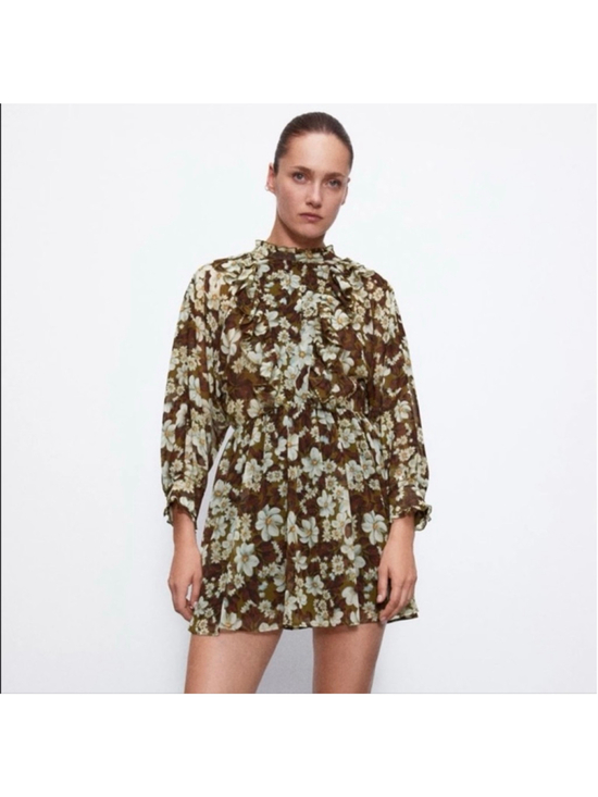 ZARA Dresses & Skirts - ZARA Floral Ruffle Mini Romper XS Brown White summer Bloggers Favorite Oversize